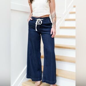 Wide Leg Dark Blue Denim Jeans with Drawstring Waist